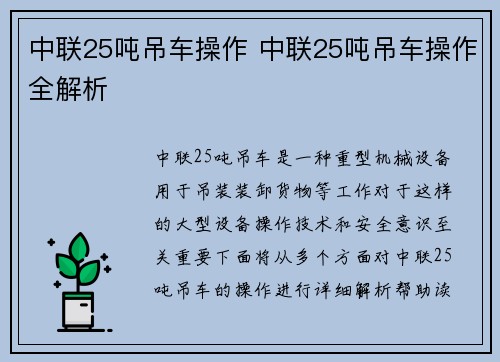 中联25吨吊车操作 中联25吨吊车操作全解析