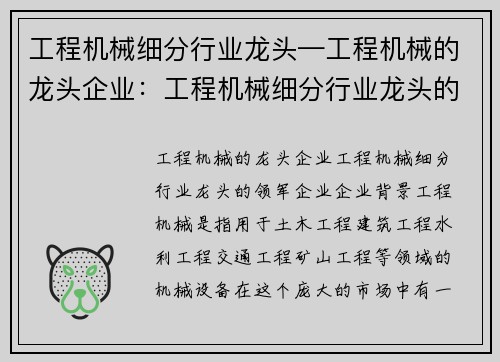 工程机械细分行业龙头—工程机械的龙头企业：工程机械细分行业龙头的领军企业